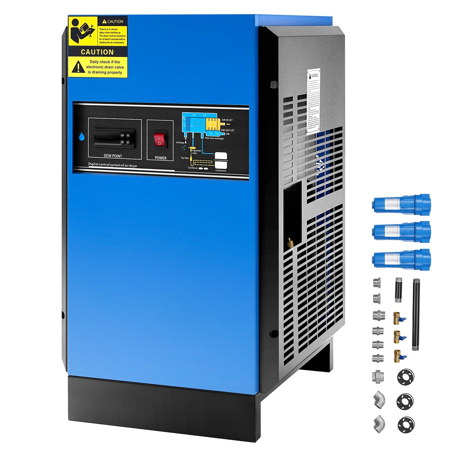 VEVOR Compressed Air Dryer, 125CFM Refrigerated Air Dryer, 110-120V Industrial Refrigerated Air-Drying System for 20HP, 25HP & 30HP Compressors - with Color Screen Control Panel and Automatic Drainage