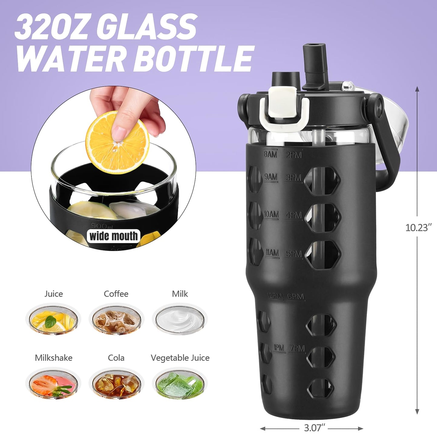 MUKOKO 32 oz Glass Tumbler with Straw,Glass Water Bottles with Time Marker,Iced Coffee Cup with Silicone Sleeve,Motivational Drinking Bottles,Leakproof-Black