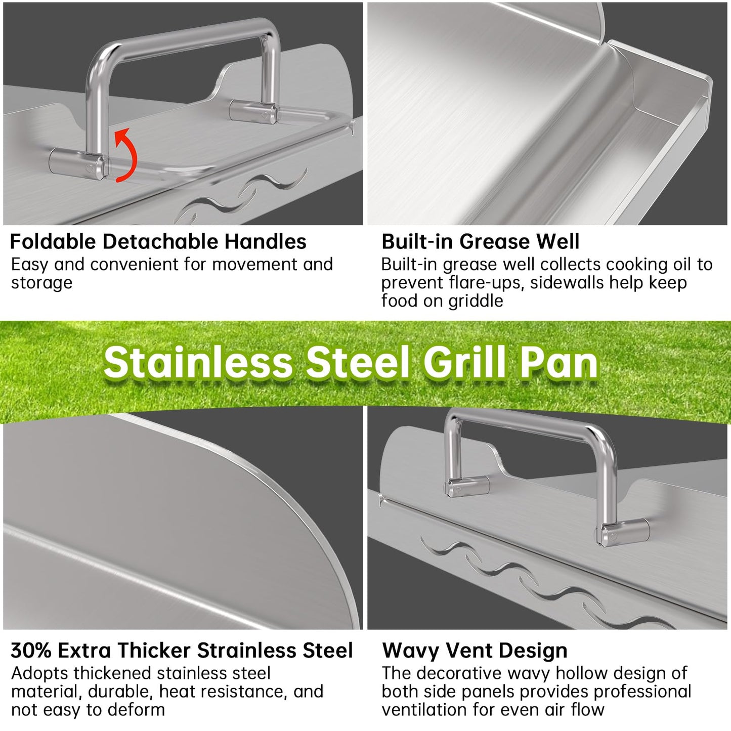 Universal Stainless Steel Griddle Flat Top Plate with Even Heating Bracing for BBQ Charcoal and Gas Grills, Camping, Tailgating, and Parties,with Grease Groove and Removable Handles (17" x 13")