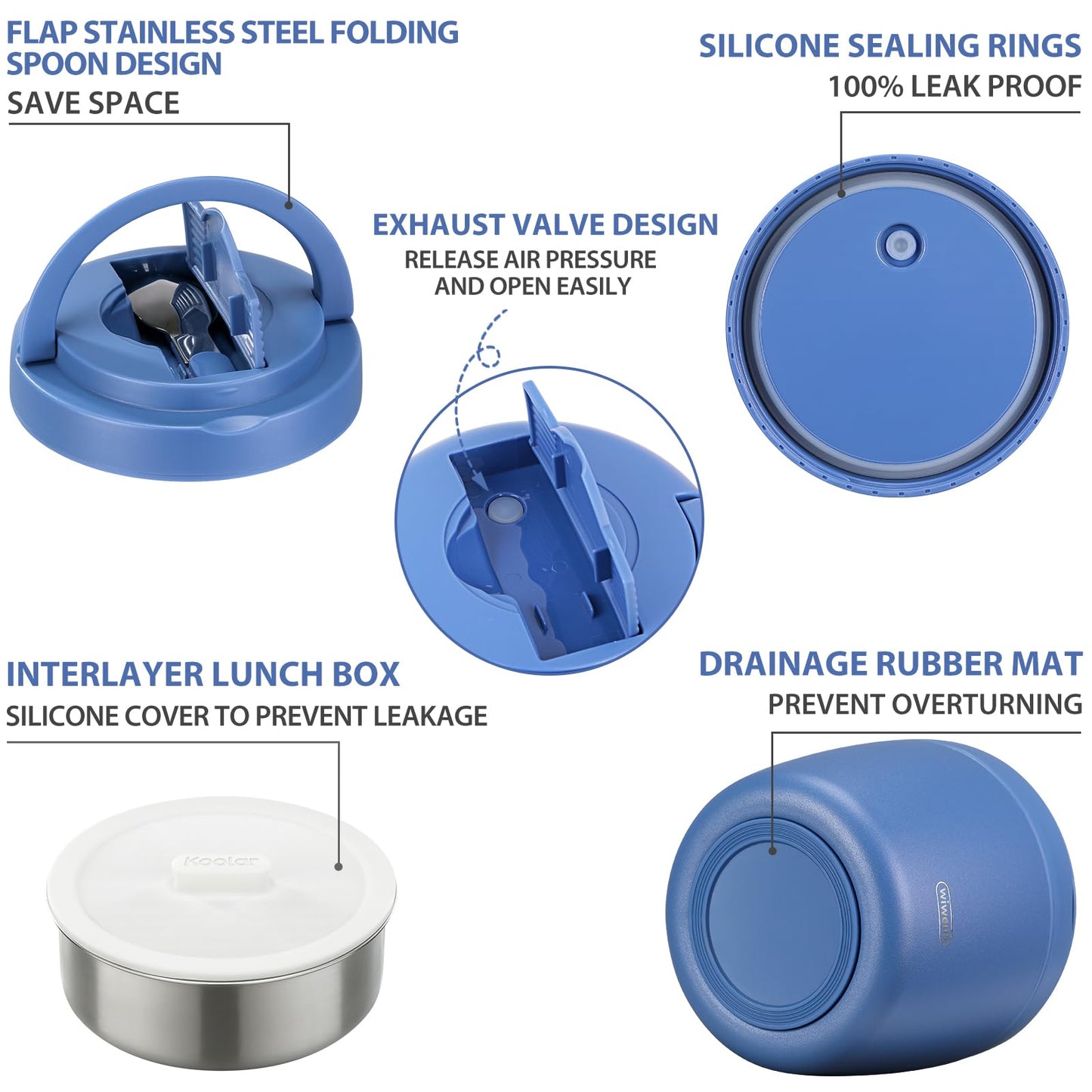 wiwens Thermo Food Jar for Hot Food Adults 32OZ Soup Thermo Lunch Containers Wide Mouth Vacuum Insulated Stainless Steel Leakproof Bento Box with Spoon (Blue)