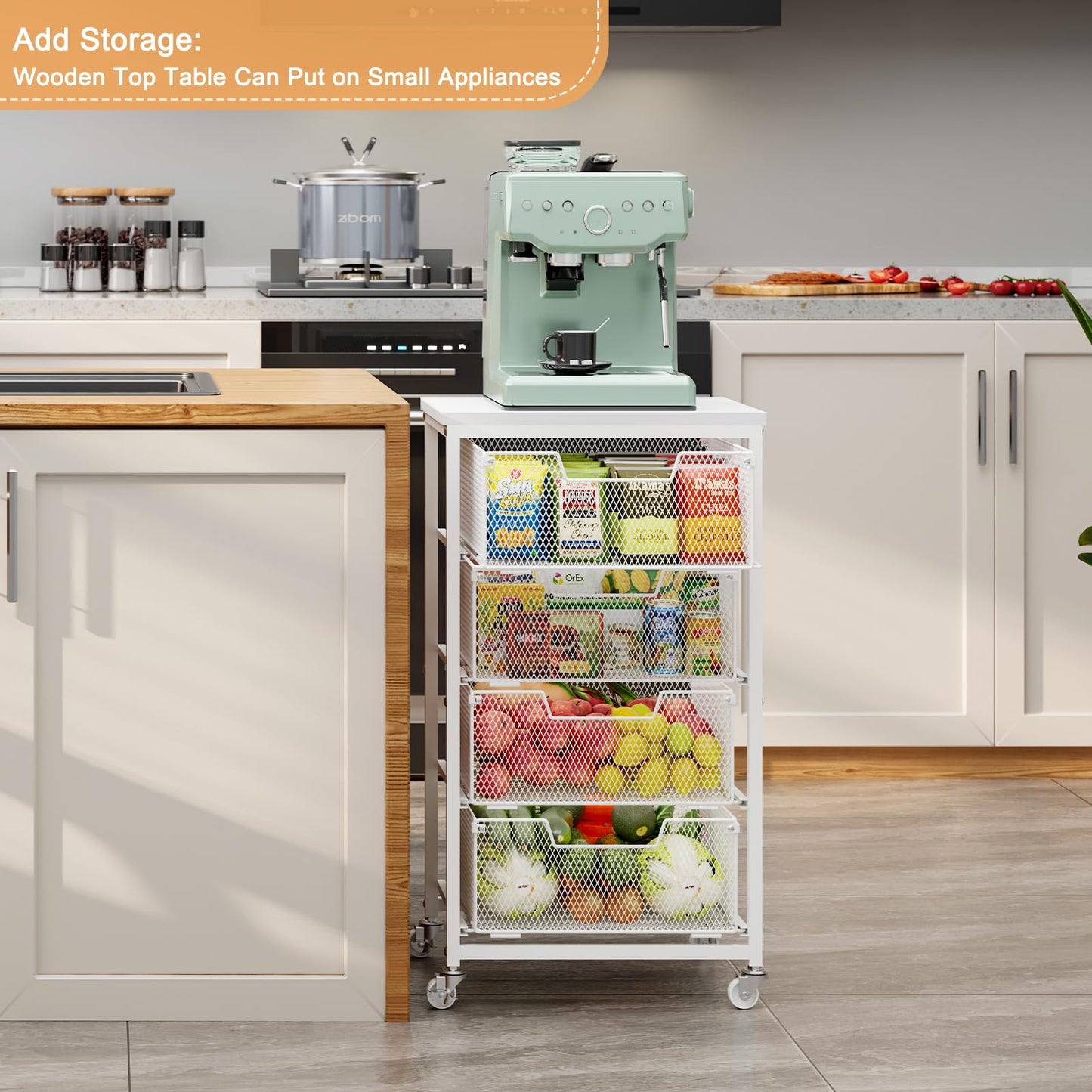 4-Tier Kitchen Storage Cart - Fruit Vegetable Storage Cart with Drawers, Wooden Top Metal Wire Kitchen Organizer and Storage Cart with Wheels to Storage Onions Potatoes Cans Snacks for Kitchen