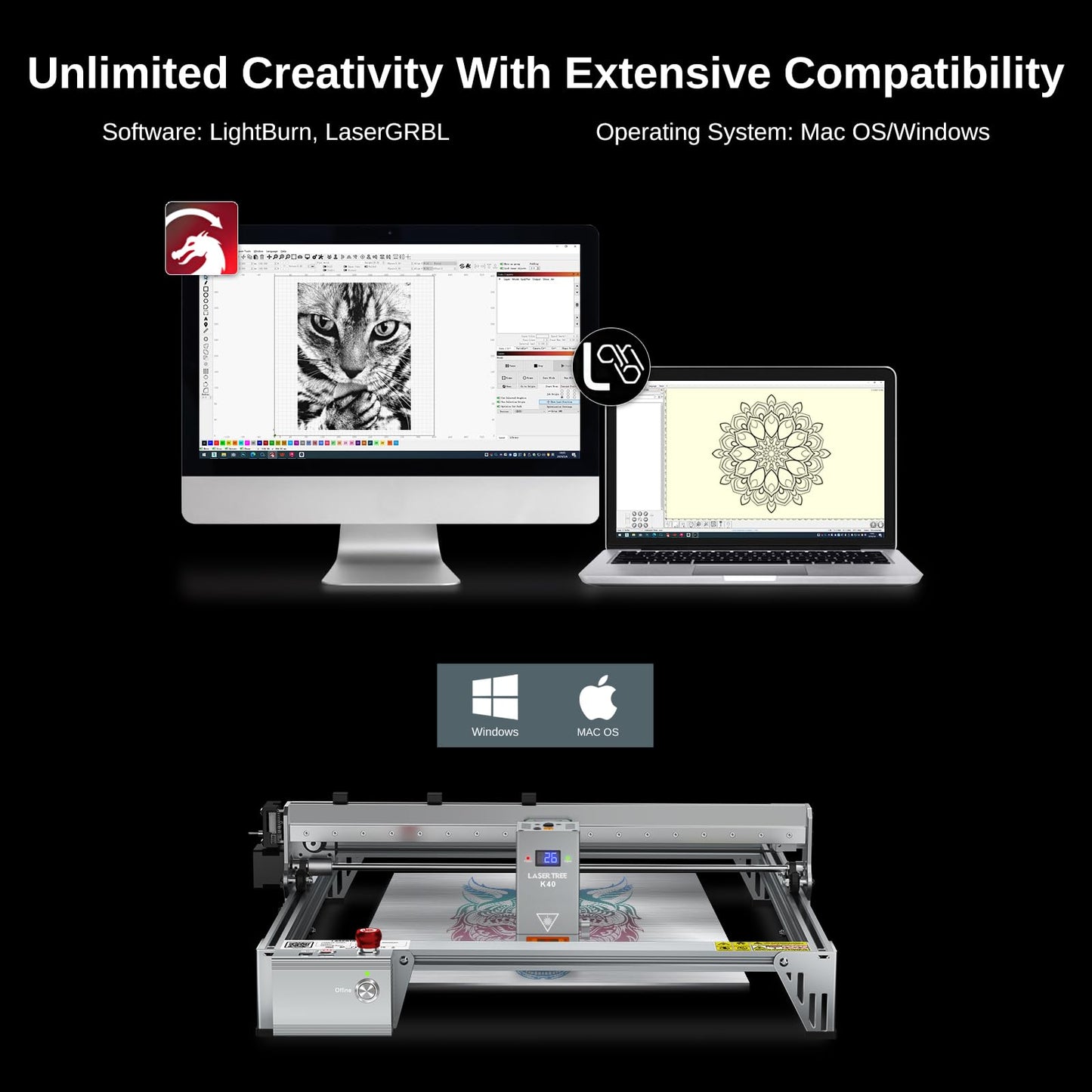 LASER TREE Laser Engraver, 40000mW（40W）Output Power Laser Engraver Machine, High Precision Laser Cutter and Engraver for Wood & Metal Paper Acrylic Glass Leather etc, Class 4 (Basic)