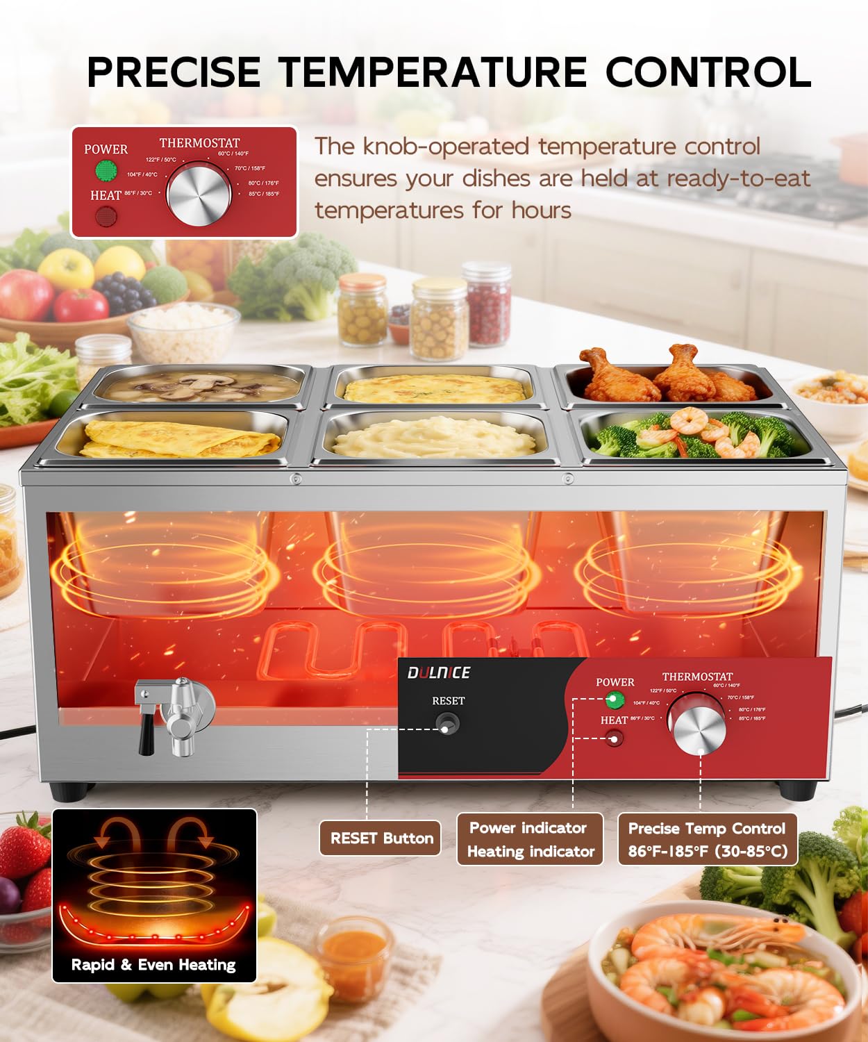 DULNICE 6-Pan Commercial Food Warmer, 1500W Stainless Steel Bain Marie with Anti-Dry Burn and Reset Button, Countertop Soup Warmer with Drain Tap, Soup Spoon for Buffet, Catering, Parties, Restaurants
