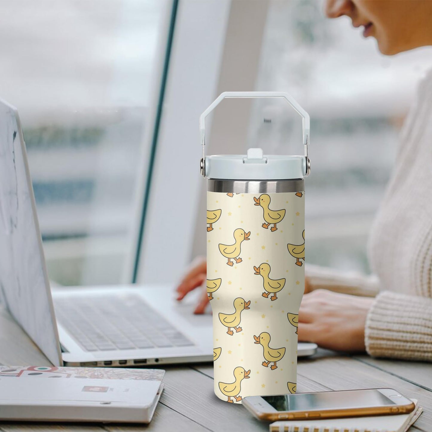 Xchearser Duck Tumbler with Handle and Flip Straw for Women Men, 30oz Cute Stainless Steel Insulated Cup, Water Bottle Travel Coffee Mug, Gifts for Animal Lovers