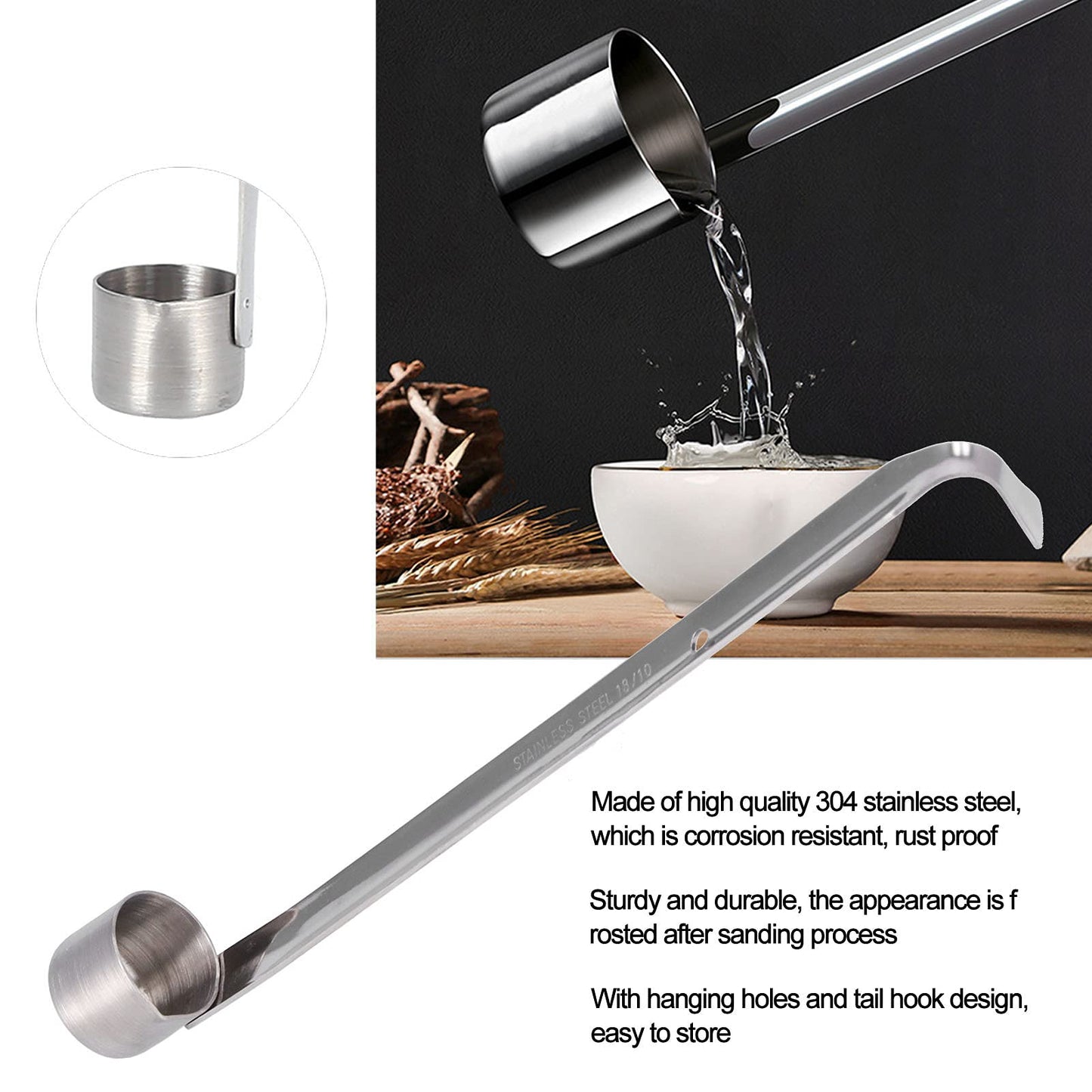 Stainless Steel Wine Ladle, Spoon Dipper Sauce Ladle Beer Pouring Measure Flat Bottom With Hook Long Handle Kitchen Oil Measuring For Pouring Oil Wine Vinegar And Soy Sauce (250ML)