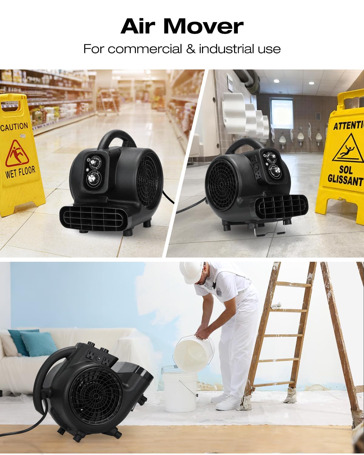 VORBO Air Mover Blower Fan, 1/3 HP 2000CFM Carpet Dryer, 3 Speeds Floor Blower Fan with Timer and 4 Adjustable Angles, Stackable, for Janitorial, Home and Commercial Use, Black