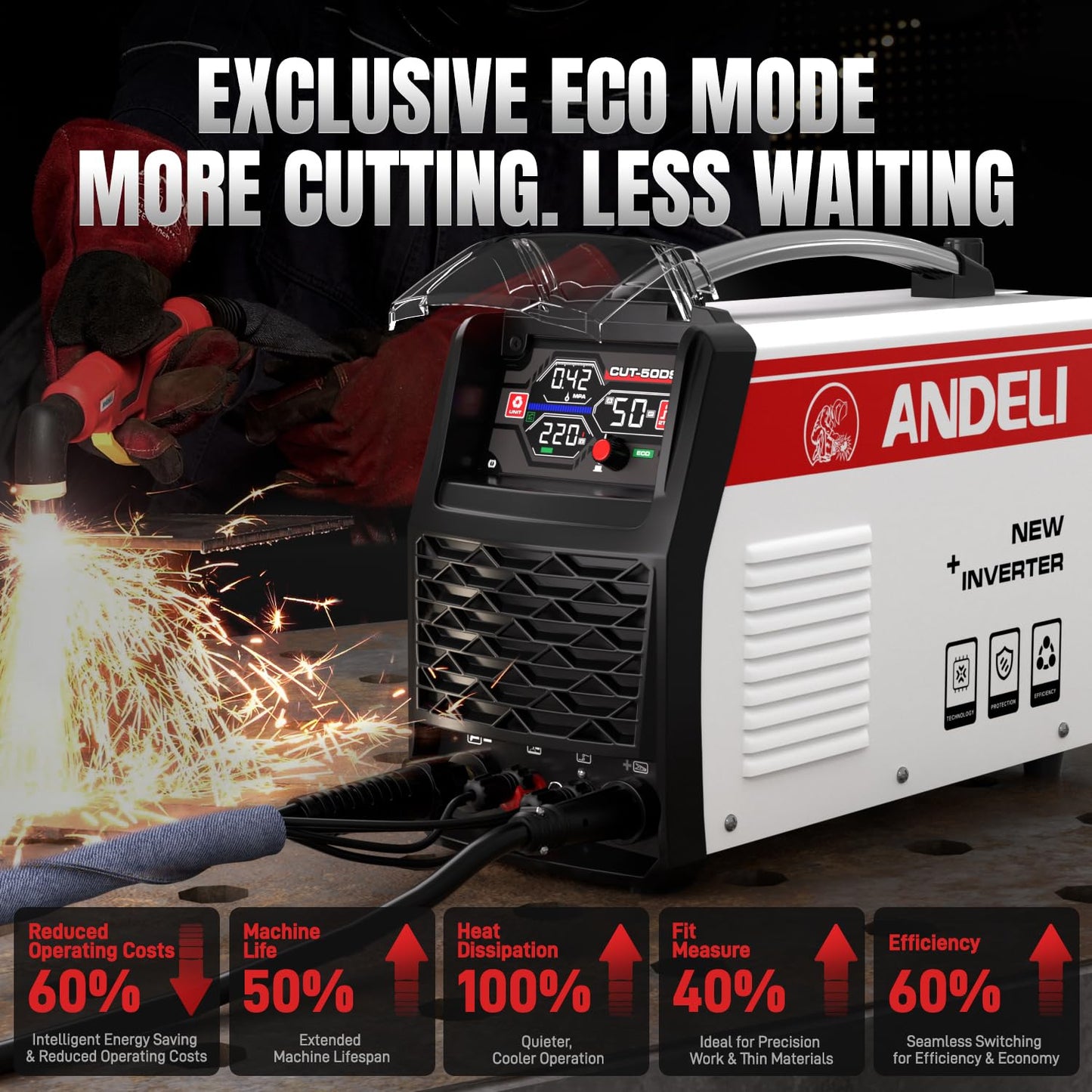 ANDELI Plasma Cutter Non-Touch Pilot Arc ，Larger LED Display 50A Plasma Cutter Machine，3/4''Maximum Cut Heavy Duty，110/220V Dual Voltage With ECO Mode，Expanded Plate Cutting,Rust Removal,PT/2T/4T