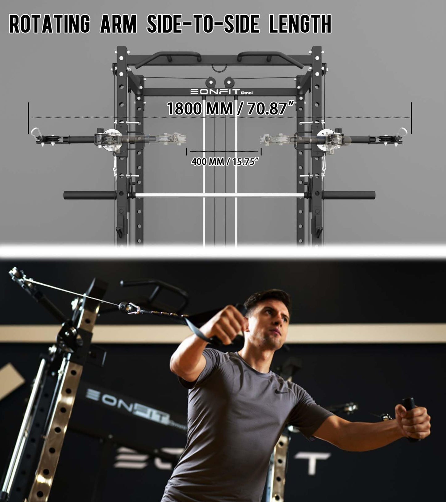 Eonfit E3 Smith Machine with 3D Rotating Arm for Home Gym Equipment, Multi-Function Power Cage Squat Rack with Cable Crossover LAT Pulldown Pulley System All in One (Black, PRO)