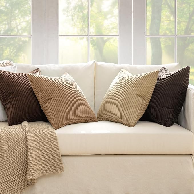 MIULEE Boho Farmhouse Throw Pillow Covers 18x18 Inch Set of 4 Rustic Mordern Neutral Cushion Covers Soft Corduroy Nordic Home Decor for Couch Bed Sofa Living Room Dark Brown