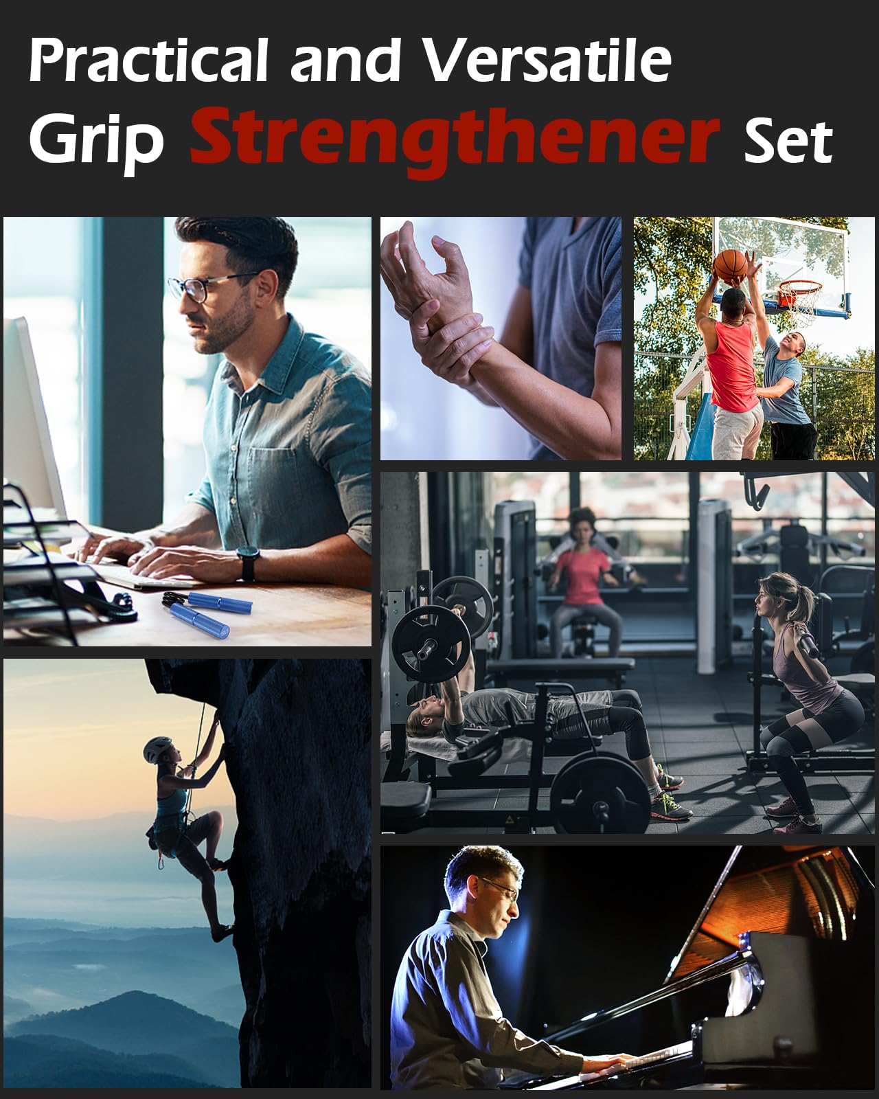 Hozzen Grip Strength Trainer, 6 Pack Grip Strength Trainer Set (50-200LB), No Slip Hand Grip Strengthener, Wrist Forearm Strengthener with Grip Tape for Strength Training, Exercise, Injury Recovery