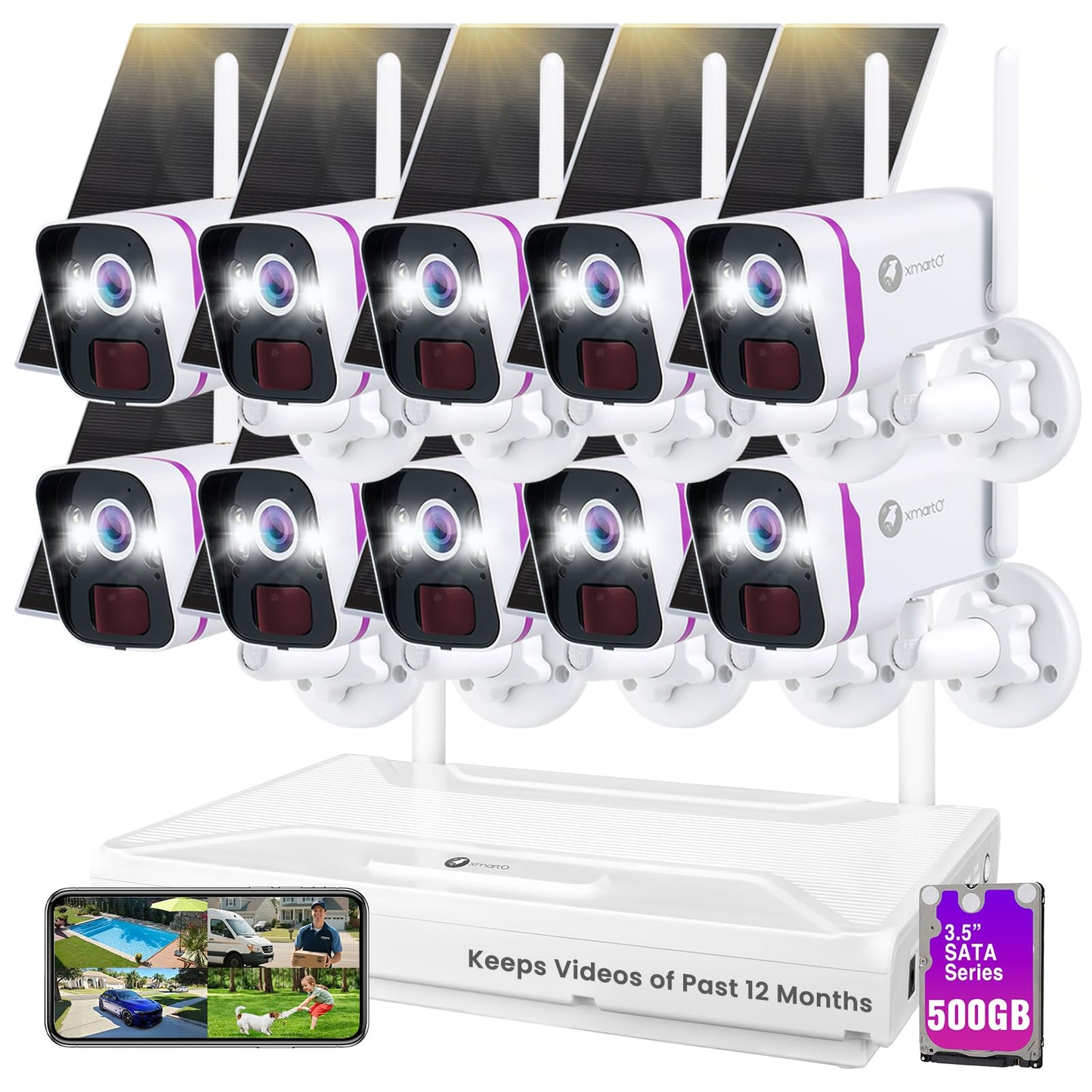 xmartO Solar Wireless Security Camera System, 10CH 4K Expandable WiFi 6 NVR 10 * 4MP 2K Outdoor Cameras, Weatherproof Solar, IR&Color NV, Long-Range WiFi Mesh, Free 2-Years Video, No Monthly Fees