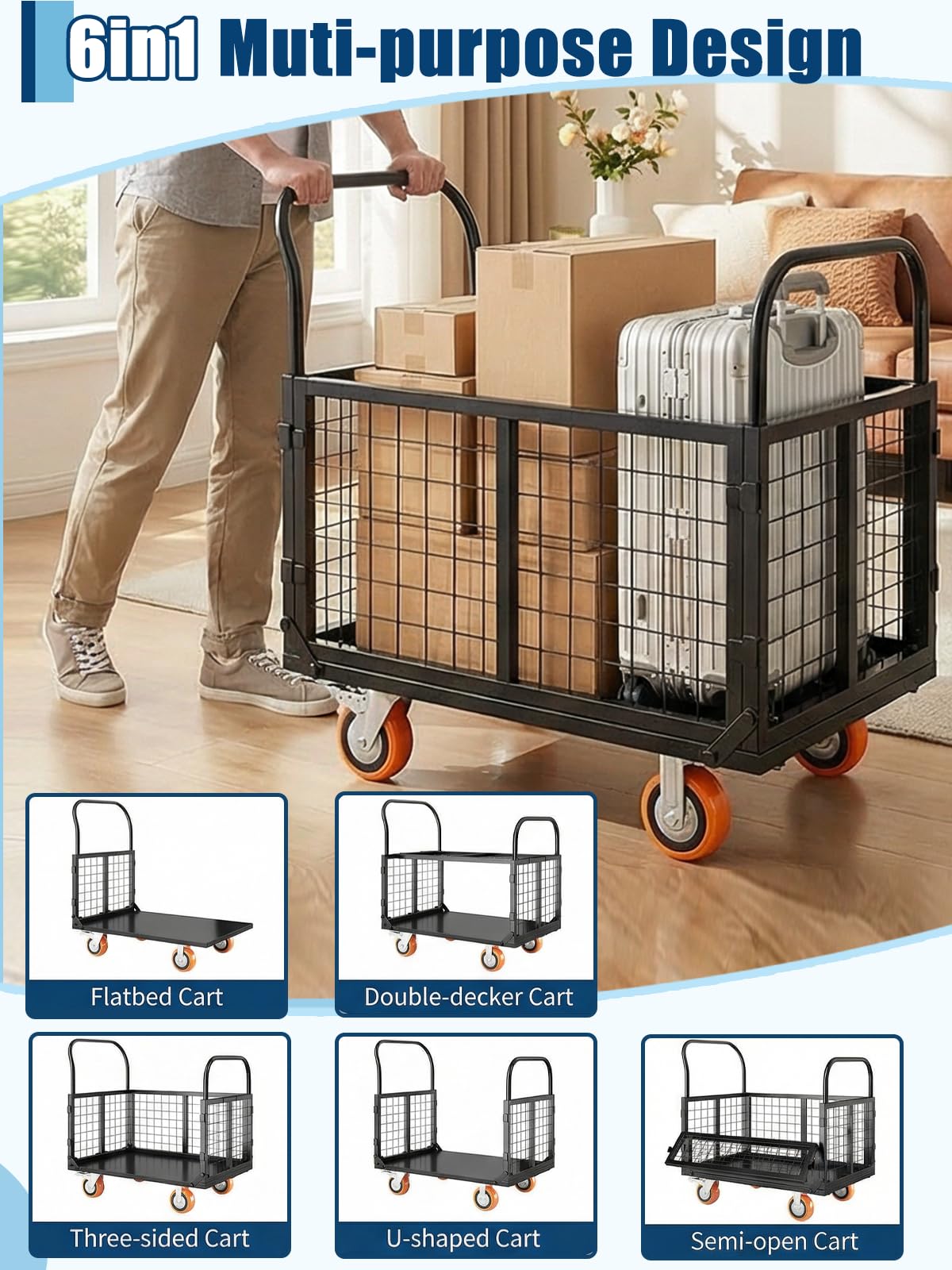 GarveeTech Platform Truck Cart with Cage, 6-in-1 Multi-Purpose Flatbed Cart, Foldable Hand Truck Load 1800 LBS with 4 Wheels Push Cart Dolly for Grocery, Laundry, Garage, Warehouse (Black)