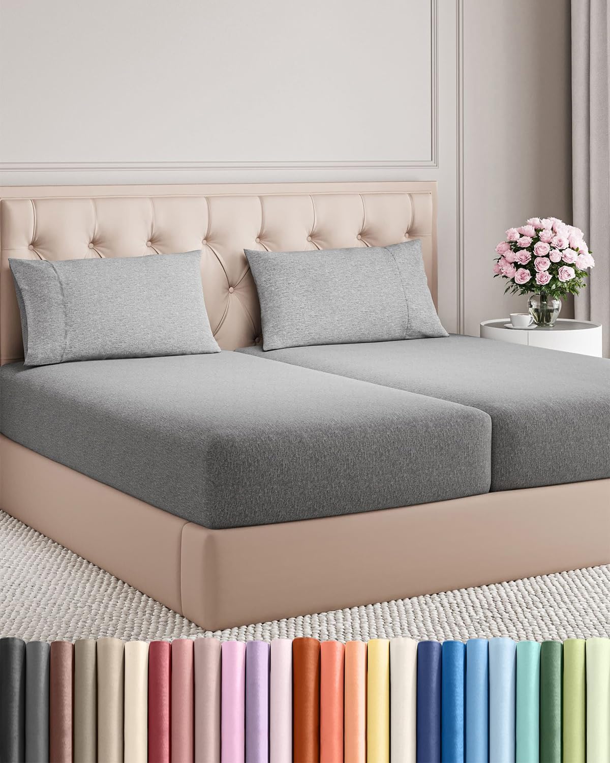 Split King Size 5-Piece Sheet Set - Comfy Cooling Bed Sheets for Luxury Hotel Feel - Grey Heathered
