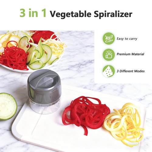 3-in-1 Vegetable Spiralizer Slicer, Adjustable Mandoline Spiral Cutter for Zucchini Noodles, Carrots, Cucumber (Grey)