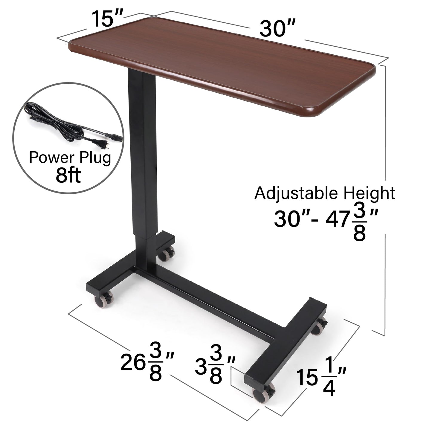 Vaunn Medical Electric Overbed Table Bedside Height Adjustable Table with Wheels (Electric-Powered, Hospital and Home Use) - Brown (Side Control Panel)