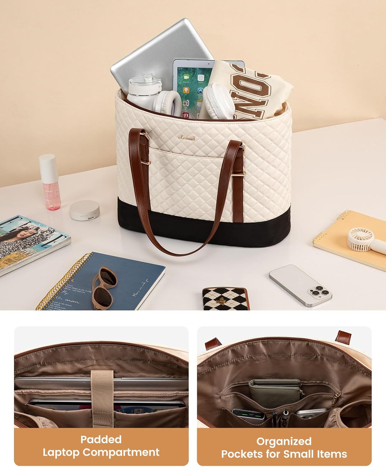 LOVEVOOK 15.6 Inch Laptop Bag for Women, Work Tote Computer Bag With Large Cup Holder, Lightweight Large Laptop