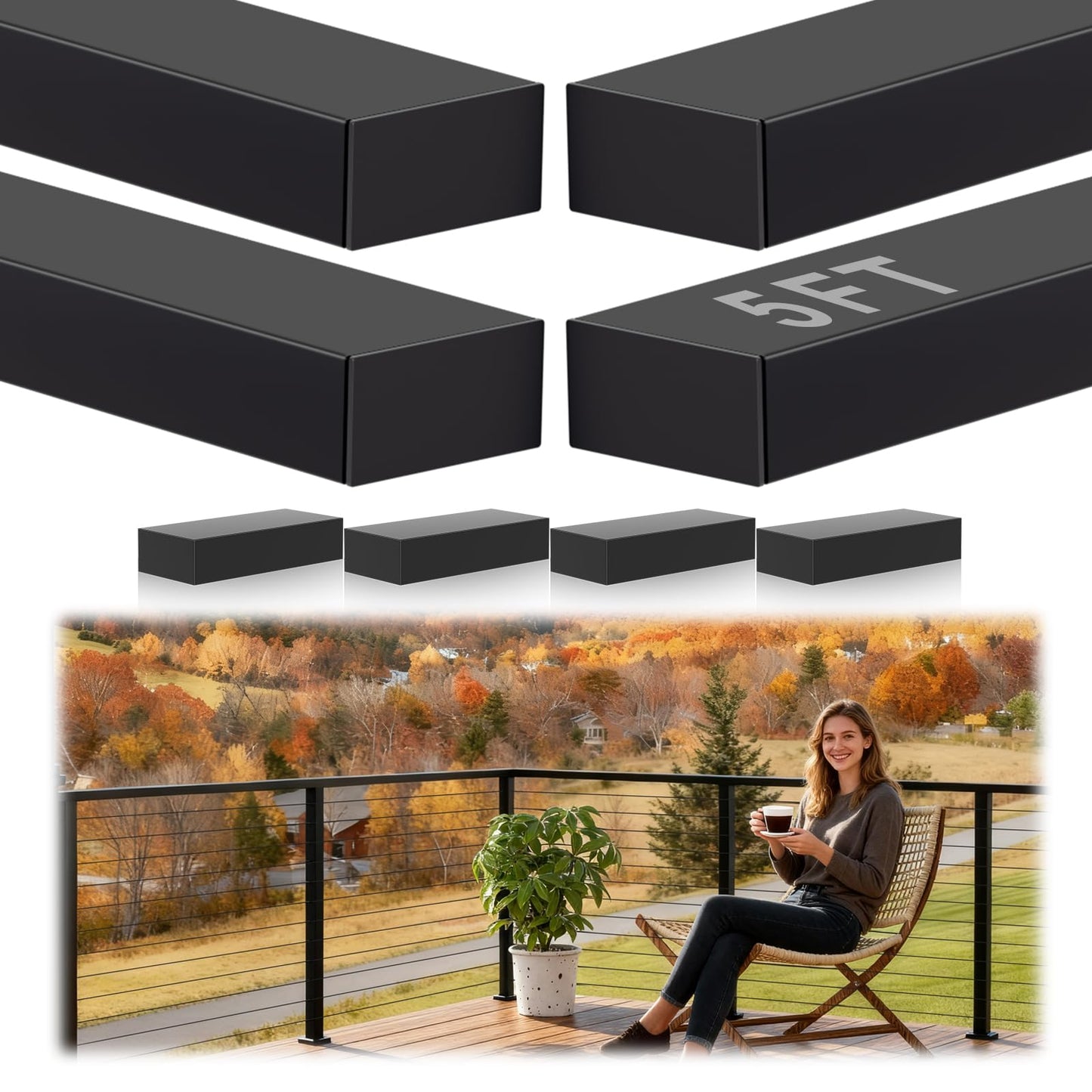 Gyykzz 5FT Black Handrail with POM Connector, 2 Pack Stainless Steel T304 Rectangular Cable Railing Handrail Flat Deck Top Rail with Metal End Caps for Indoor Outdoor Deck Stair Cable Railing System