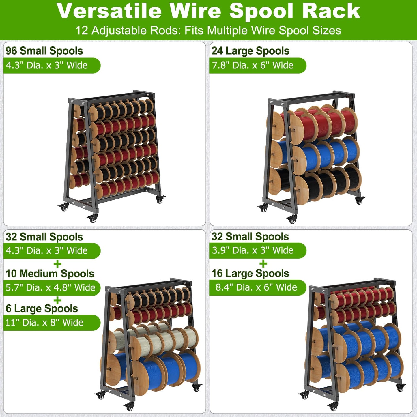 SELEWARE Heavy-Duty 12-Rod Wire Spool Rack – 400lb Capacity Cable Caddy & Dispenser with Locking Wheels, Adjustable Spool Rods for Electrical, Industrial & Retail Use