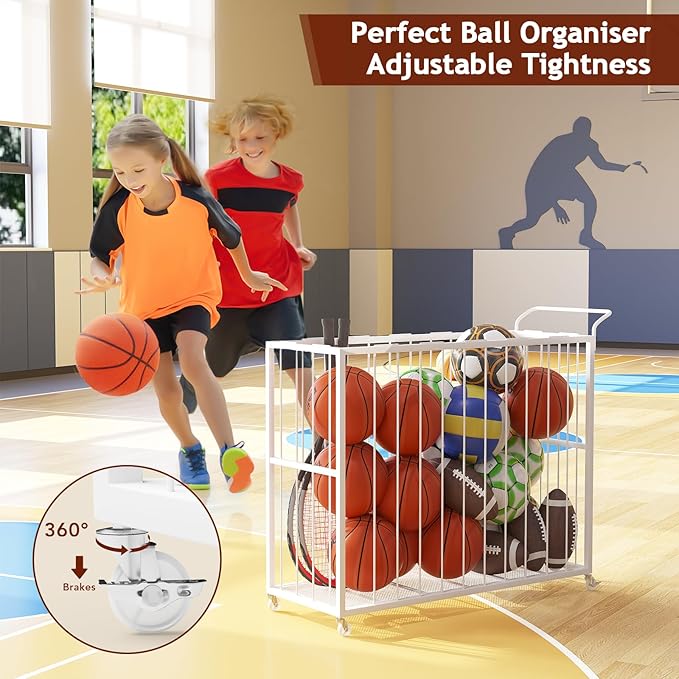 Ball Storage Bin Rolling Sports Ball Cart, Metal Garage Organizer Sport Rack, Ball Basket Storage, Ball Cage for Garage or Gym, Indoor & Outdoor Sports Equipment Organizer