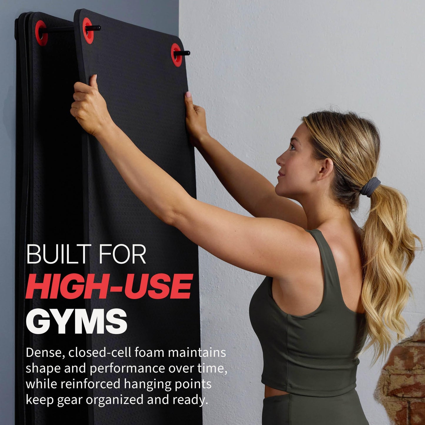 SPRI Hanging Bulk Fitness Mats + Rack, 15mm, Closed-Cell Foam Bulk Yoga Mats for Gyms, Dance Studios, Ballet, Low-Impact Training & Commercial Spaces, Reinforced Grommets