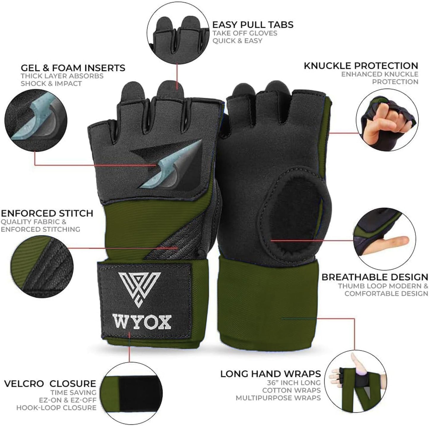 WYOX Gel Boxing Hand Wraps Inner Gloves for Men & Women, 80cm Quick Wrist Straps, Padded Knuckle Protection for Muay Thai Kickboxing, Hand Wraps for Boxing & Martial Arts (Army Green, S/M)