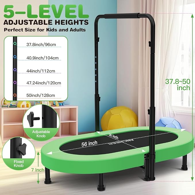 ANCHEER 56'' Foldable Mini Trampoline with Adjustable Handle - Indoor/Outdoor Rebounder for Kids & Toddlers Safe Oval Fitness Trampoline with Bar for Home Fun