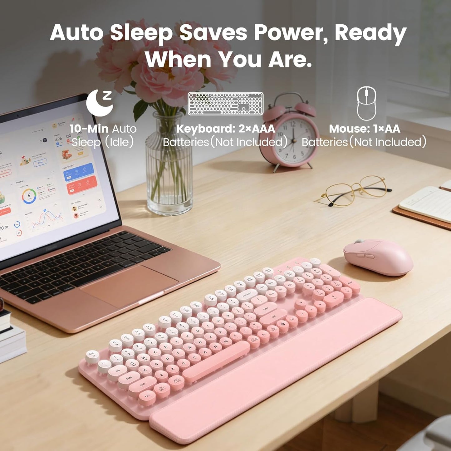 SABLUTE 2-Stage 2.4GHz Wireless Keyboard and Mouse Combo, Magnetic Soft-Touch Wrist Rest, Round Keycaps, Full-Size