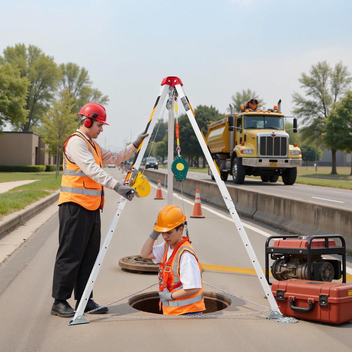 VEVOR Confined Space Tripod Kit, Heavy Duty Rescue Tripod Lifting Hoist 1200 lbs Winch, 4.1 ft Adjustable Legs, 98.5 ft Cable Portable Kit, 32.8 ft Fall Protection, 4.40-7.05 ft Working Height