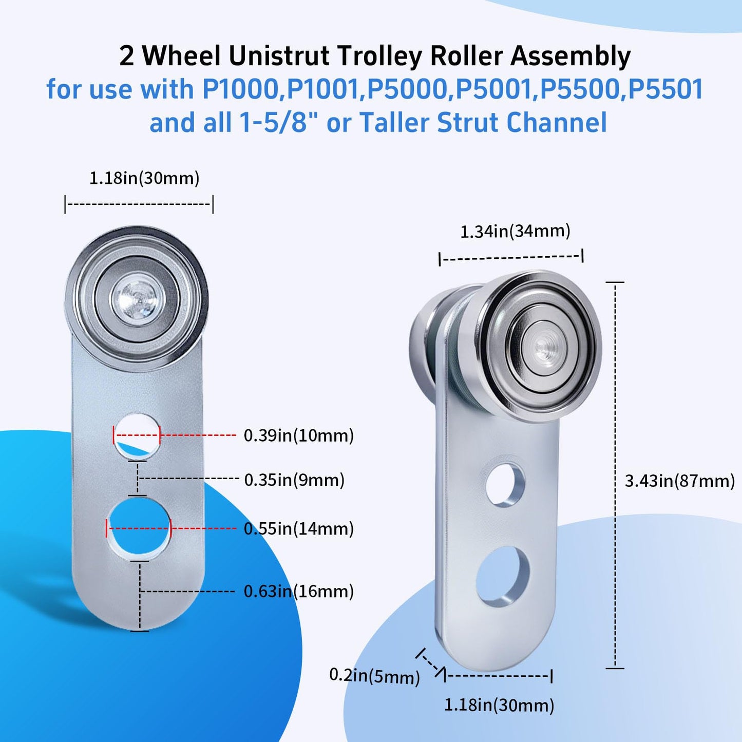 2 Wheel Unistrut Trolley Roller Assembly - Smooth Rolling Metal Rollers for 1-5/8" Wide & Tall Strut Channels, Garage Hoist Systems, Silent Wheels (20)