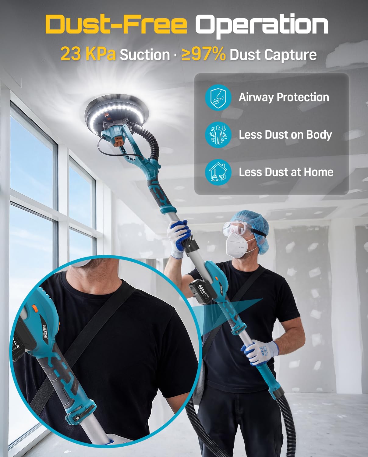 SEESII Cordless Drywall Sander with Vacuum,900W 1900RPM 2x4.0Ah Battery,Popcorn Ceiling Remover Tool,Brushless Low Noise Variable Speed,Wall Sander for Painting Prep,Foldable Telescopic,LED,12 Discs