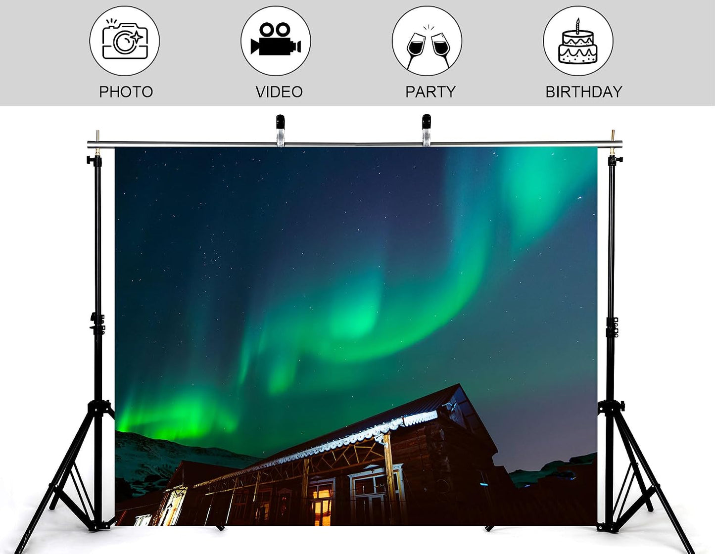 KeyWork 9x9ft Green Northern Lights Cabin Backdrop Arctic Night Sky Scene Photography Background for Winter Event Home