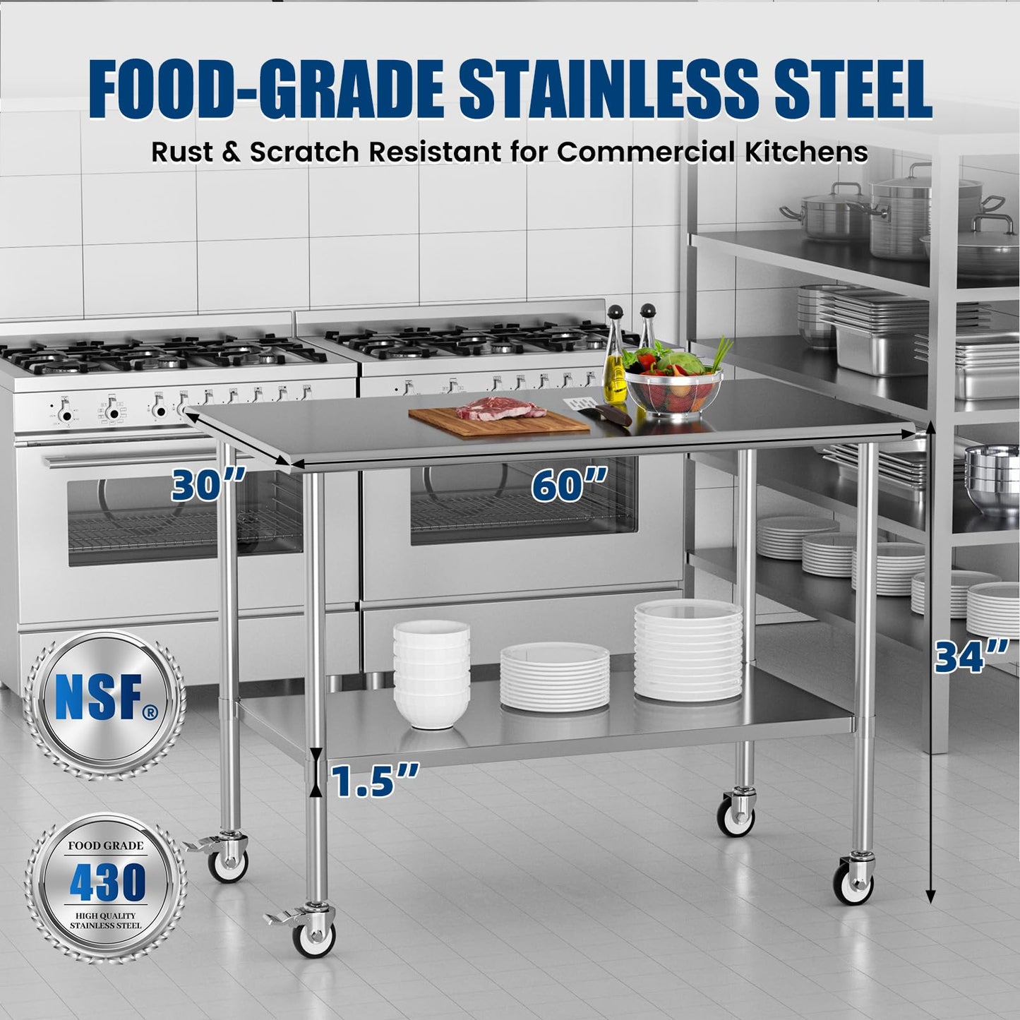 Chingoo Stainless Steel Work Table with Wheels, 30x60 Inch NSF Kitchen Prep Table with Adjustable Undershelf for Commercial Restaurant, Garage, Outdoor BBQ