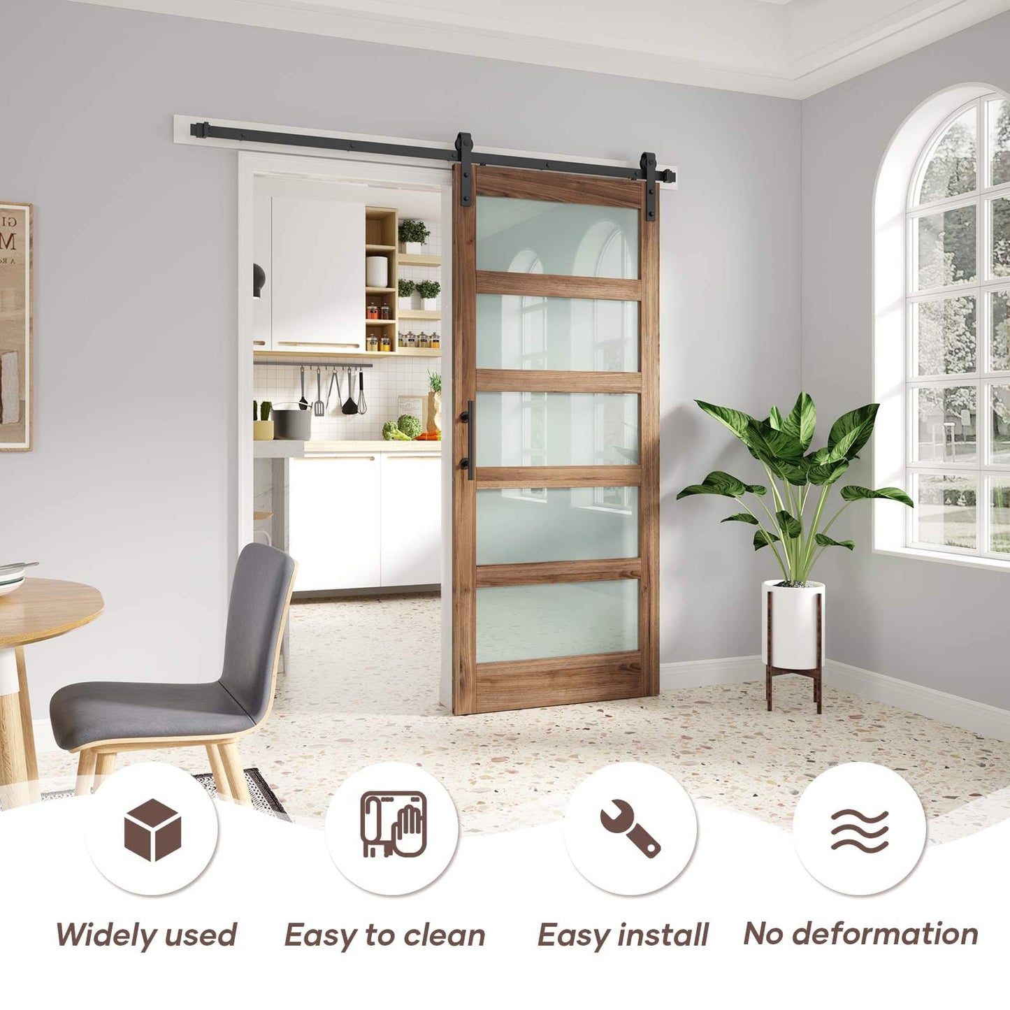 FREDBECK 36 x 84 inch Glass Barn Door with 6.6FT Barn Door Hardware Kit & Handle Included,5-Panel Frosted Glass, Water-Proof Surface,Pre-Drilled Holes,Need Assembly