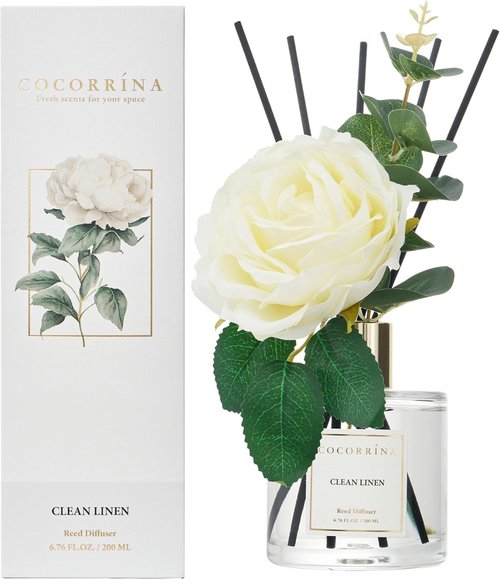 Cocorrína Reed Diffuser - Clean Linen 6.7oz Scented Home Fragrance with Sticks | Elegant Bathroom Decor