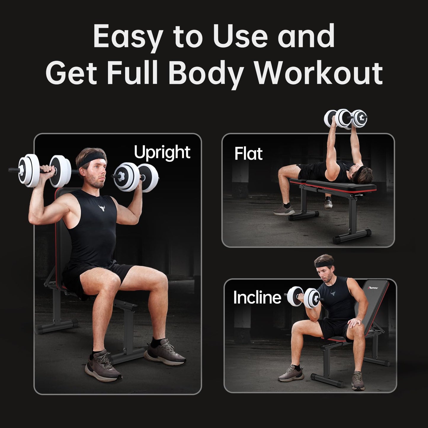 PASYOU Adjustable Flat Weight Bench, Foldable Bench Press for Home Gym, Multi-Angle Incline Workout Bench for Full Body Strength Training with 660LB Capacity, Free-Assembly Dual-Frame, PB200