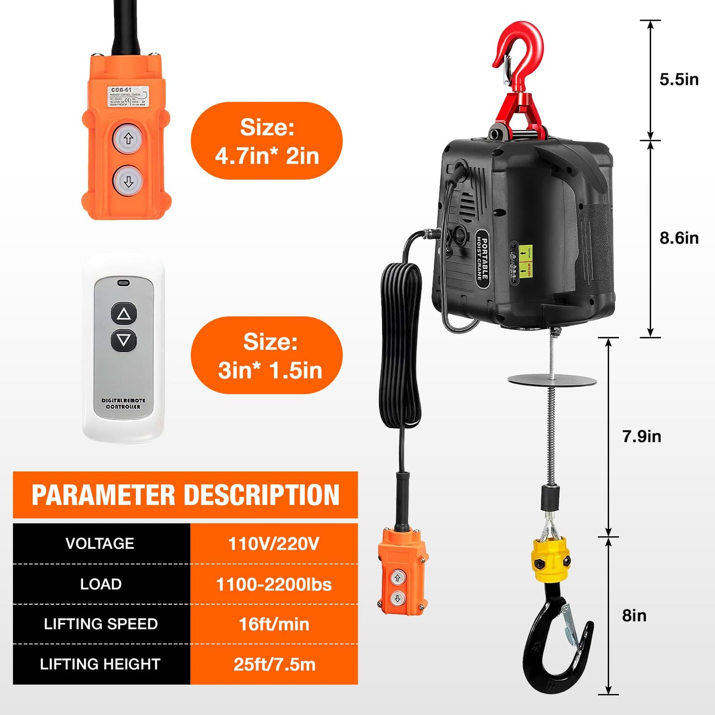 3-in-1 Electric Hoist with Remotes, 2200lb Capacity Portable Power Winch Crane 110V, 25ft Lifting Height (Classic Black, 3-IN-1-2200LBS)