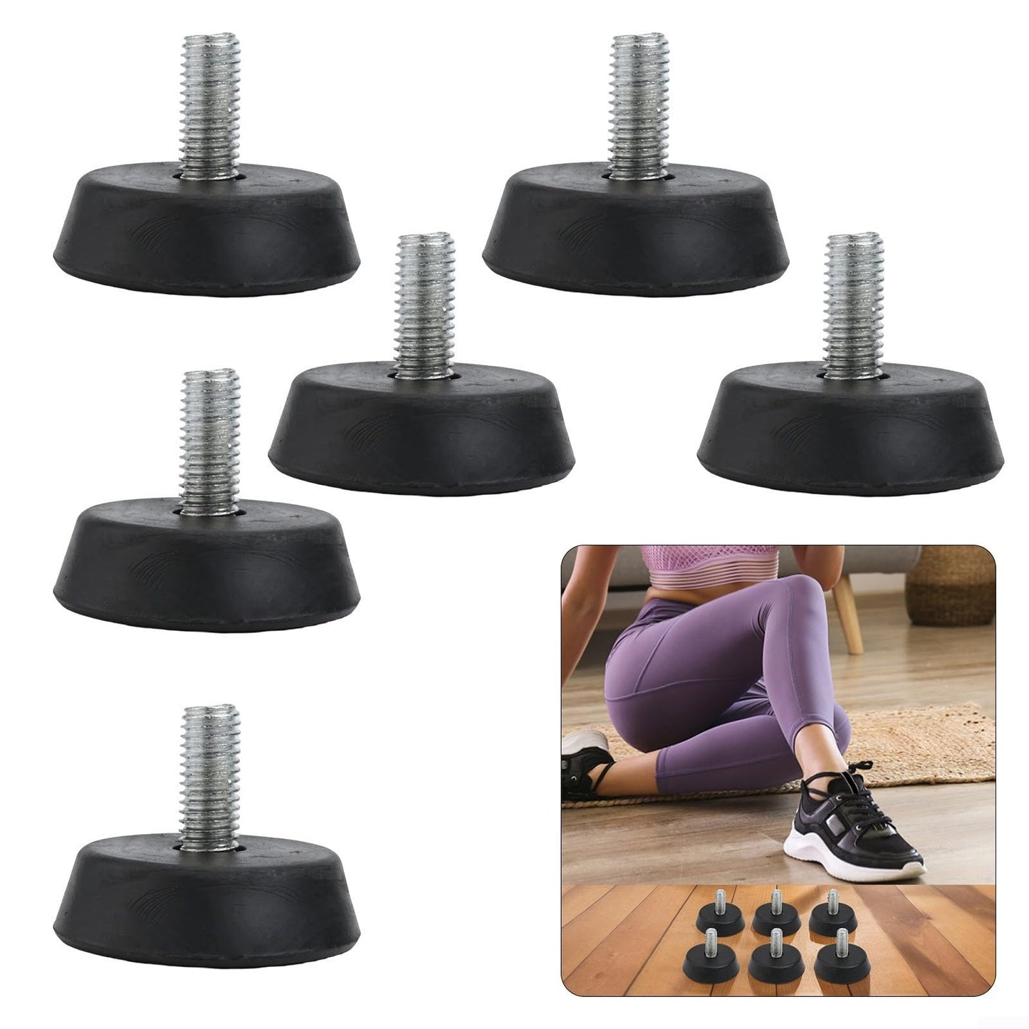 6pcs 3/8" Exercise Bike Foot Pads, Rubber Non-Slip Shock Absorption Pads for Stable Quiet Workouts, Anti-Vibration Leveling Feet with Wavy Grip Texture, Easy Install Replacement Parts, Black