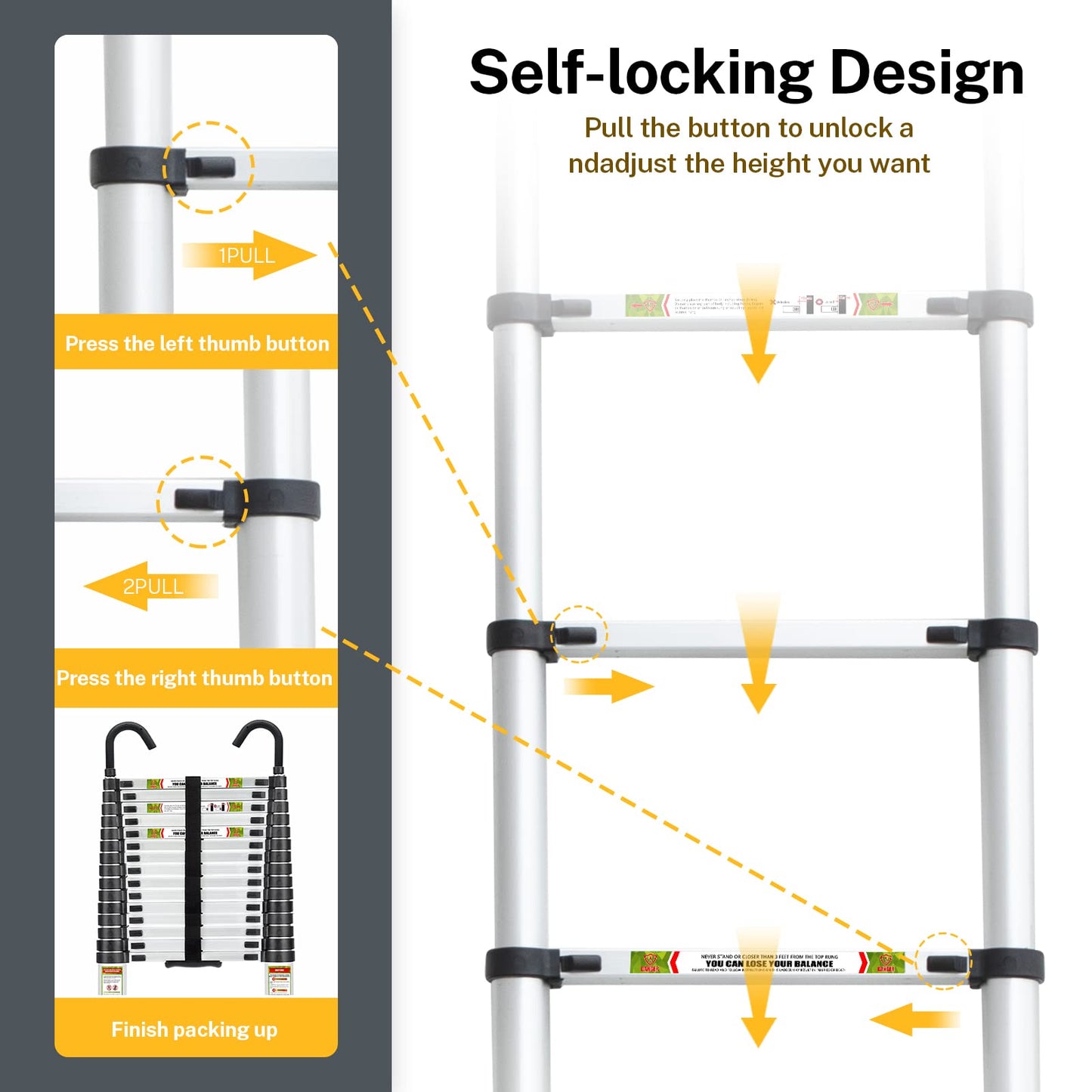 RIKADE Telescopic Ladder, 20.3 ft Aluminum Telescoping Ladder with Stable Hook and Non-Slip Feet, Portable Extension Ladder for Household and Outdoor Working, Max Load 330 lb, Aluminum