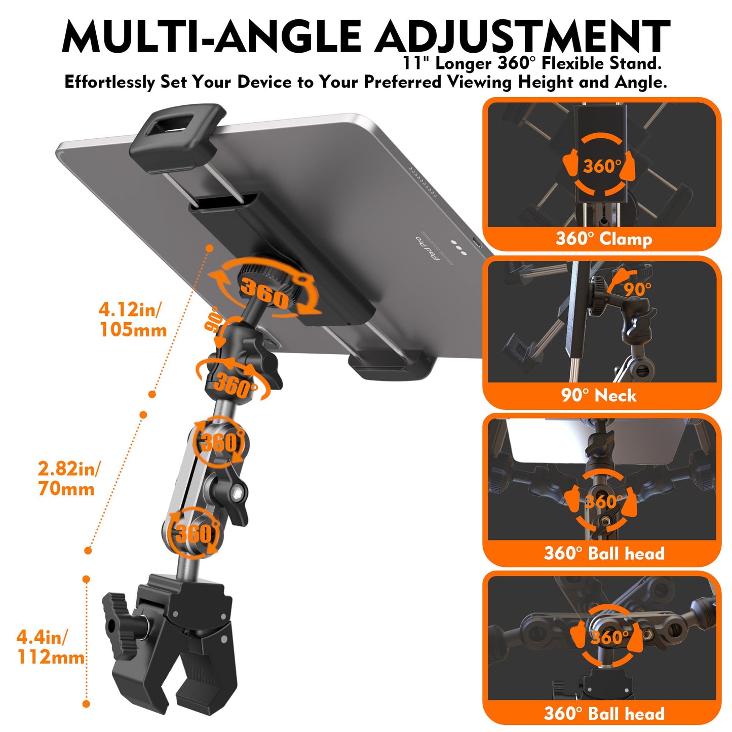 VasSmtCPH Tablet Holder for Treadmil Indoor Cycle Elliptical Spin Bike Peloton Music Stand 360° Adjustable Super Crab Handlebar Climp Mount Compitable with 4.7~12.9" iPad Switch iPhone e-Reader