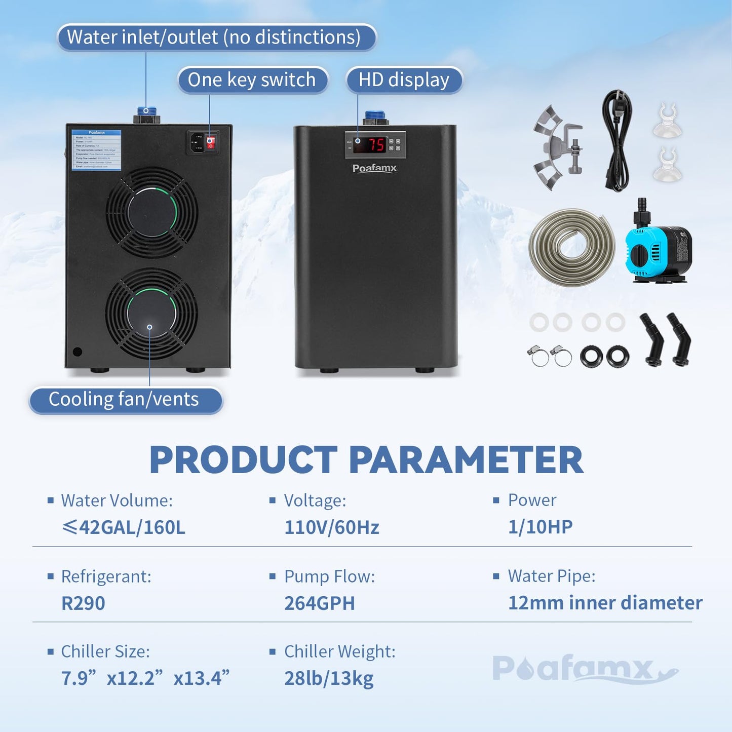 Poafamx 42gal Aquarium Chiller, 1/10 HP Water Chiller with Quiet Compressor for Hydroponics System, Coral Reef Tank, Axolotl & Jellyfish, 160L Freshwater Saltwater Cooling System