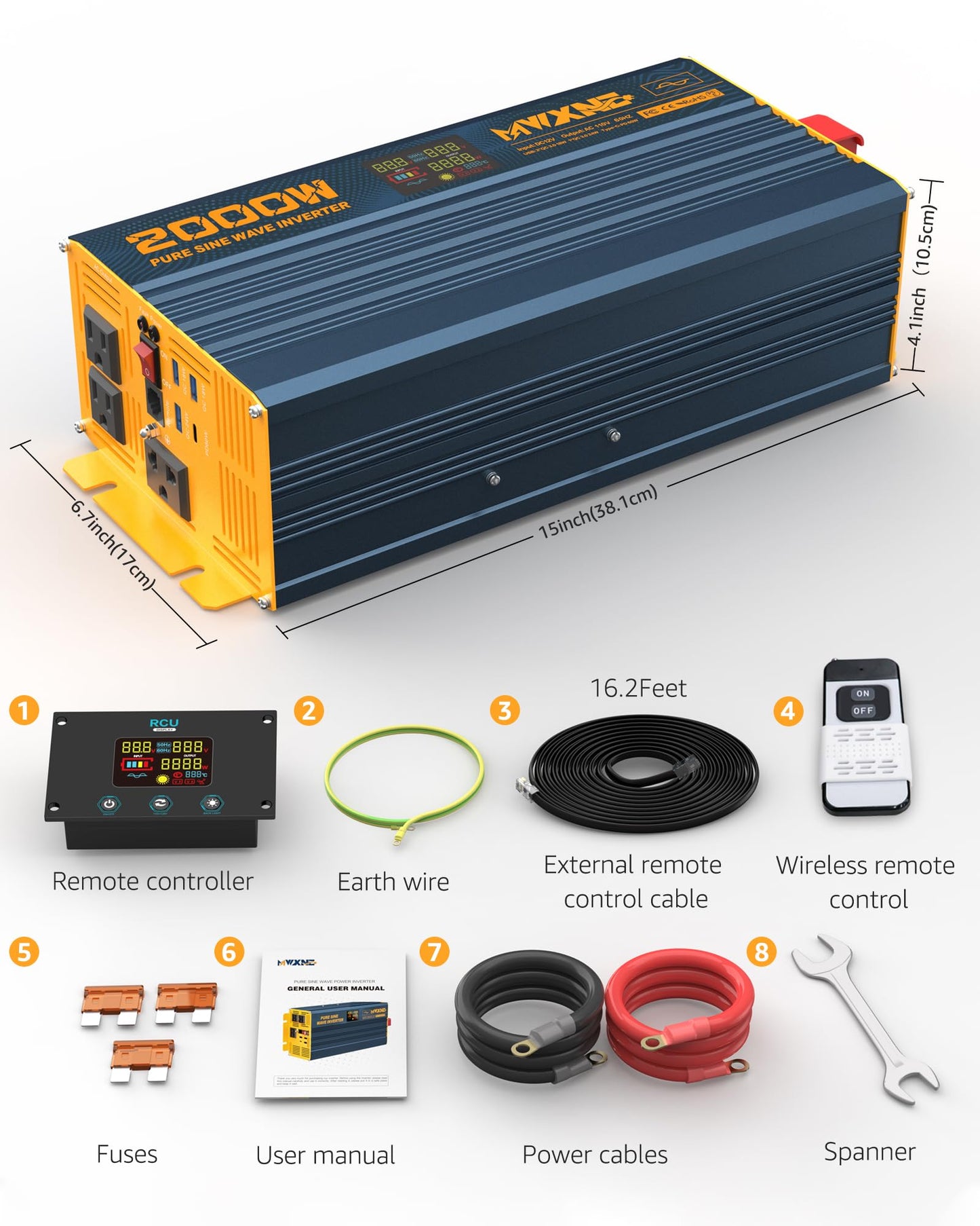 MWXNE 2000W Pure Sine Wave Power Inverter DC 12V to 110V 120V AC with 4 Quick Charging USB Ports& 3 AC Outlets Power Inverters for Vehicles RV Truck Home with LCD Display and Remote Controller