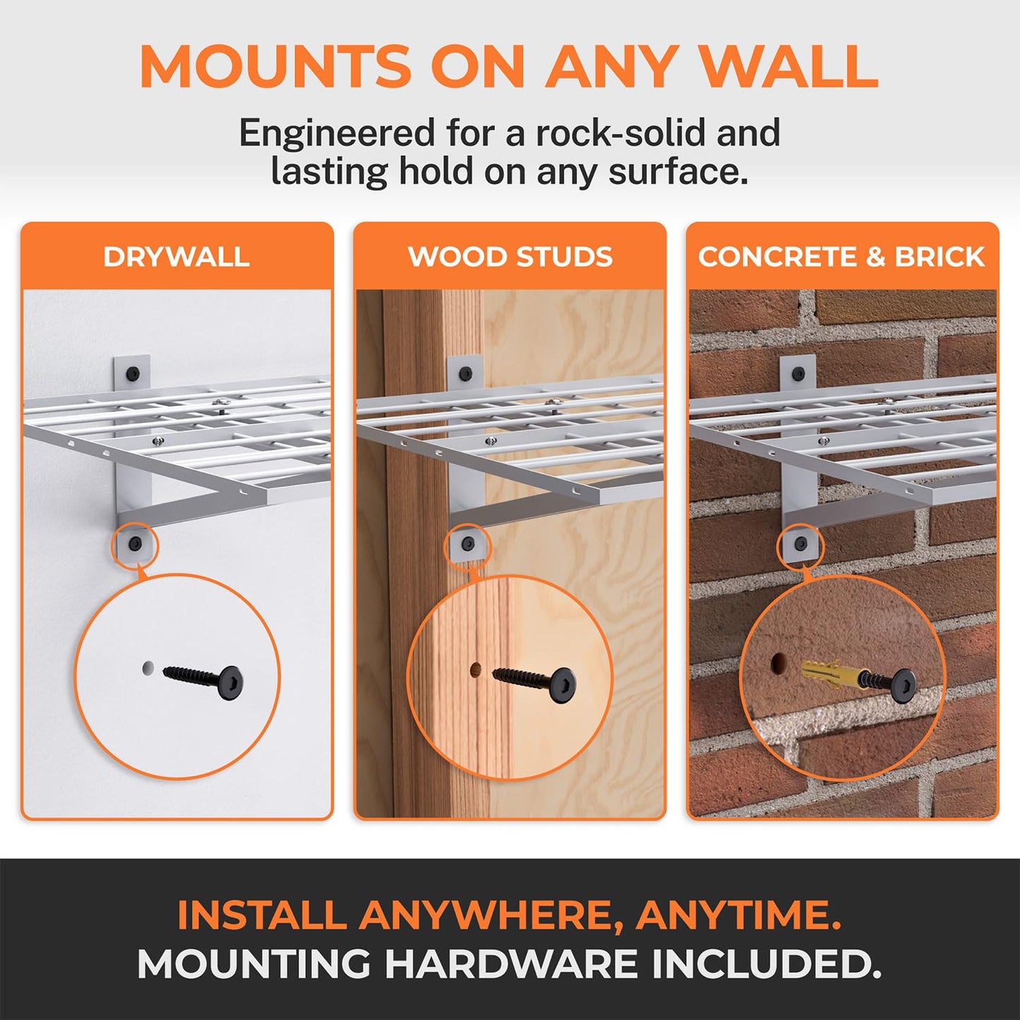 EZYRACK Heavy Duty Metal Wall Shelf, Modular Garage Storage Rack, 450 Lbs Capacity, Fits 16" or 24" Studs, Wall Mounted Floating Shelving Kit for Drywall, Wood & Concrete (Includes Hardware)