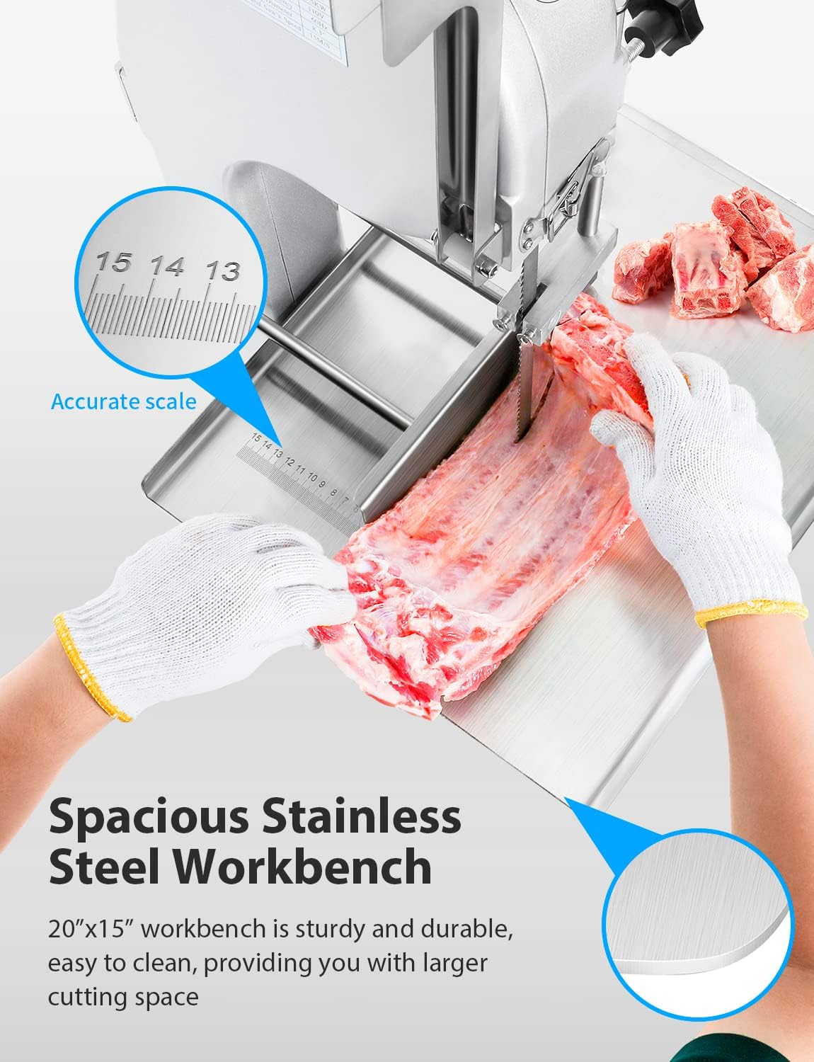 1500W Electric Bone Saw Machine, 0.8-5.9 Inch Cutting Thickness,2.6HP Frozen Meat Cutter 110V Commercial Bandsaw Machine, 20x15in Table Sawing for Chicken Fish Trotter Beef, Equipped with 6 Saw Blades