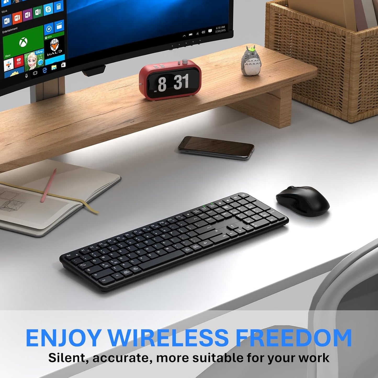 EAYBLLY 2.4G Set Wireless Keyboard and Mouse Combo, Full-Size Silent Ergonomic Keyboard and Mouse, Sleep Mode, Long
