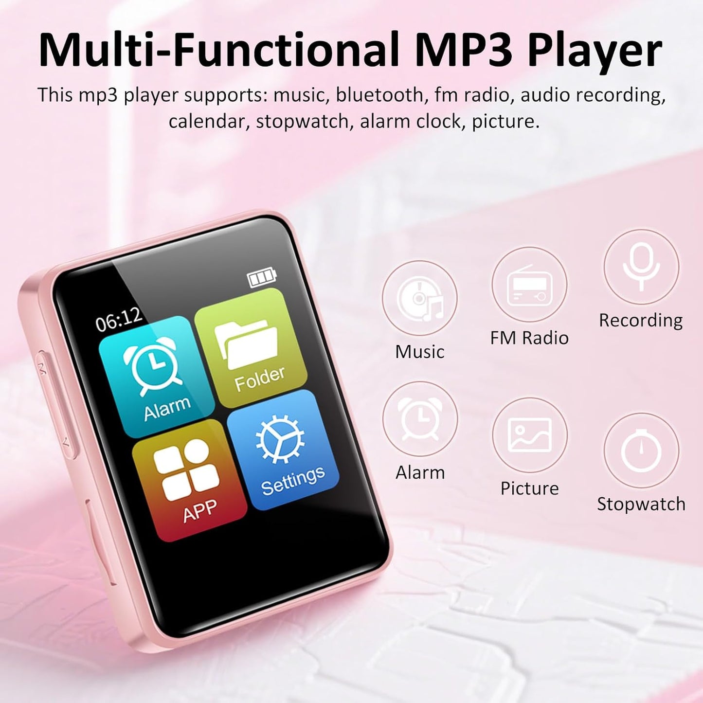 VANSING MP3 32GB MP3 1.8 inch 512GB(Pink) Player with Bluetooth, Portable Bluetooth Player for Kids, Music Player