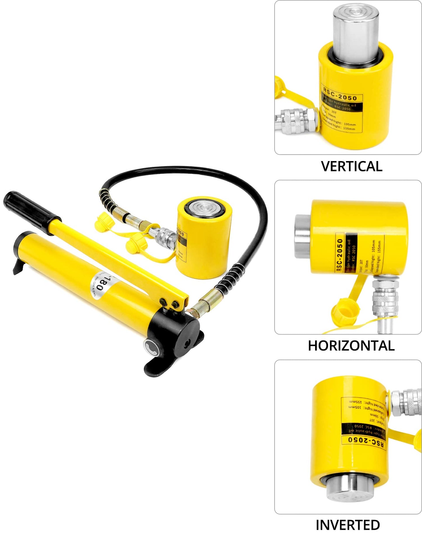 QWORK 20T Mini Hydraulic Cylinder Jack Porta Power Ram 2" Stroke, CP-180 Manual Hydraulic Hand Pump, Single Acting Lifting Cylinders for Machinery Shipbuilding