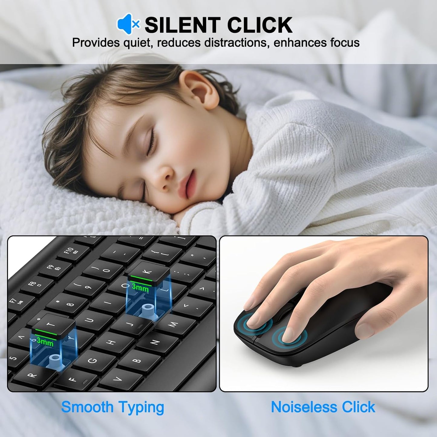 QUASIO 2.4GHz Wireless Keyboard and Mouse Combo, Full-Size Silent Ergonomic Keyboard and Optical Mouse, Long Battery