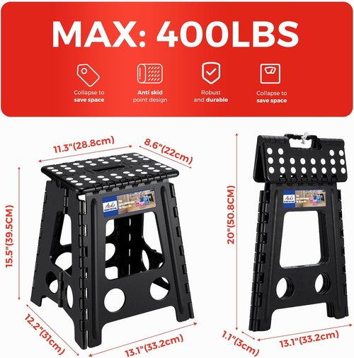 ACKO Folding Step Stool - 16 Inch, 400 lbs Capacity | Collapsible Plastic Stool for Adults & Kids - Black
