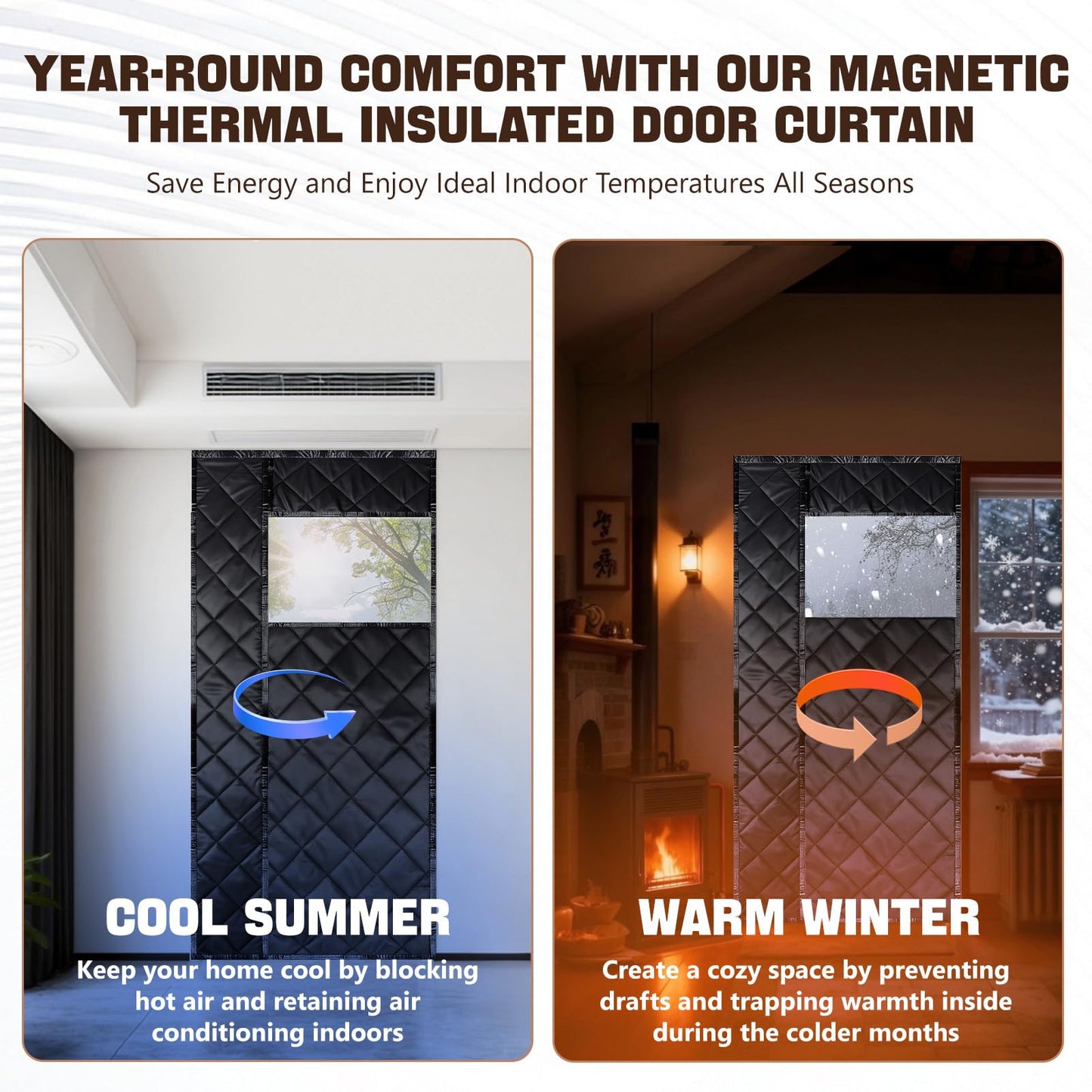 MEKOTRIN Magnetic Insulated Door Cover, Fits Up to 38” x 82”, Thermal Curtain with Visible Windows for RVs, Campers & Trailers | Durable Oxford Cloth & Cotton | Keeps Cool Air in –for Winter