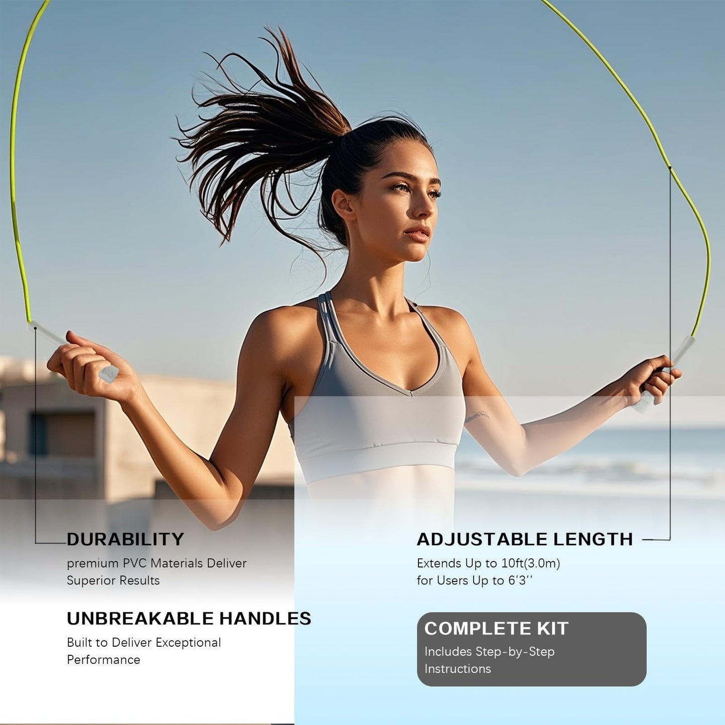 MOGOLD Unbreakable Jump Rope – Pro-Grade PP Handles with Diamond Texture, 40X Strength PVC Cord, Adjustable 3m Length for HIIT, Home Gym, or Boxing Training (Portable & Tangle-Free) (Black handle with white cord)